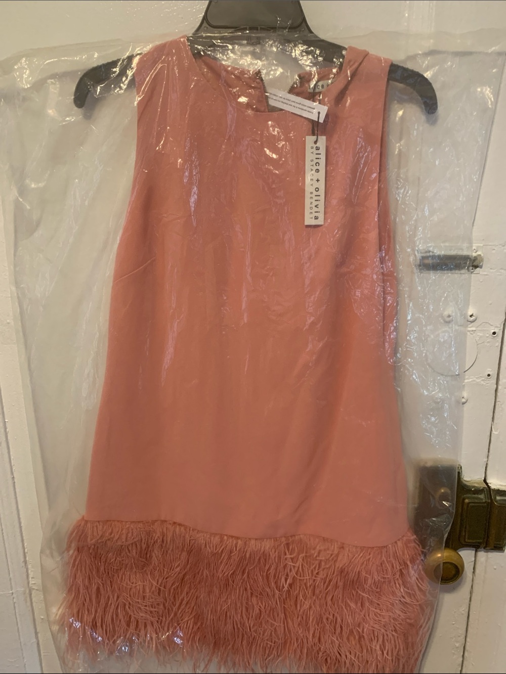 Alice + Olivia Coral Pink Feather-Hem Mini Dress